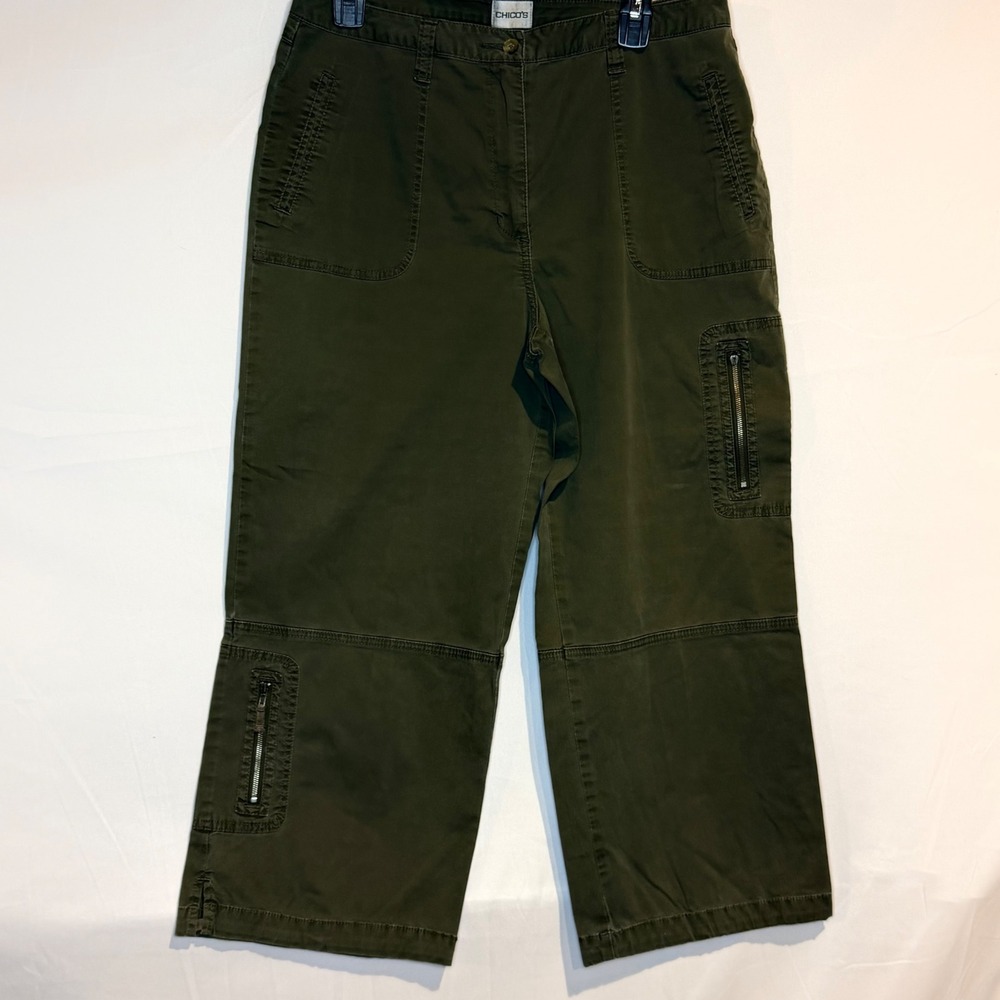 Chicos Olive Green Cargo Pants Womens Size 2 Wide Leg Cropped Utility Trousers